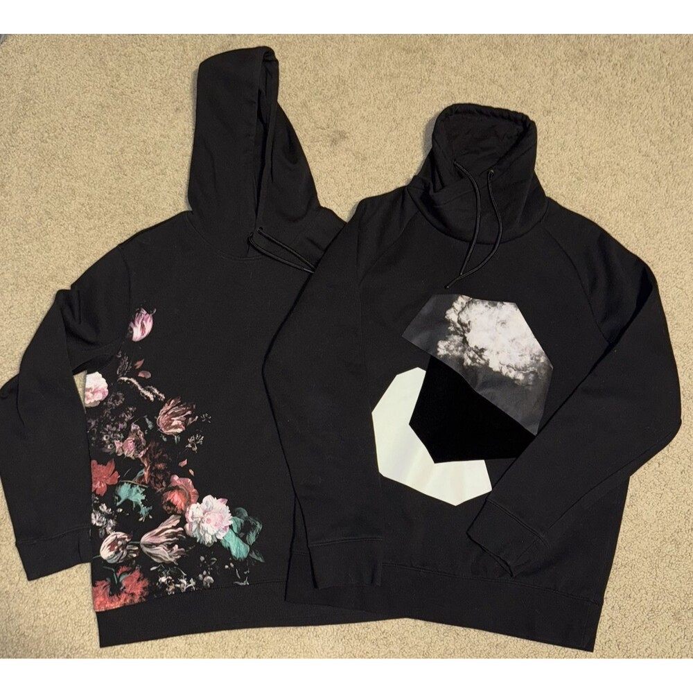 Mens H&M Relaxed Fit Hoodie Pullover Long Sleeve Size Medium M/L Floral Black x2